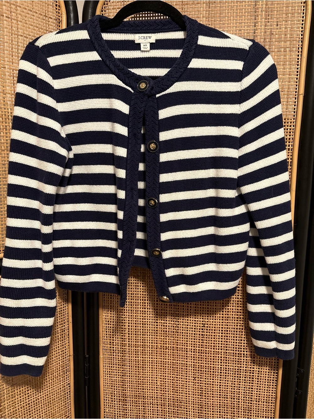 J. Crew Navy and White Striped Knit Cardigan with Gold Button